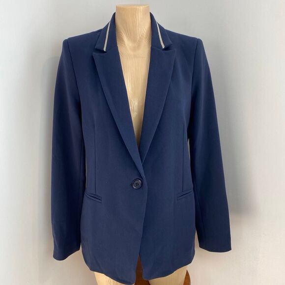 Vintage Queeni Women's Size 3 US Medium Navy Blue Classic Cut Blazer Jacket Trim - Picture 1 of 15